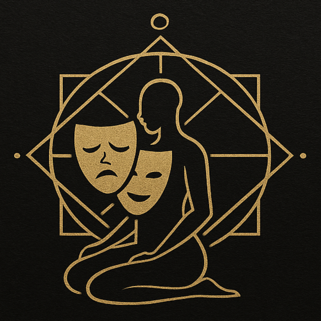 Tantric Theatre — theatrical masks and a kneeling figure within sacred geometry